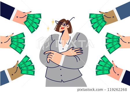 Bribe for business woman refusing corruption, standing with arms crossed among hands with money Bribe for business woman refusing corruption, standing with arms crossed among hands with money 119262268