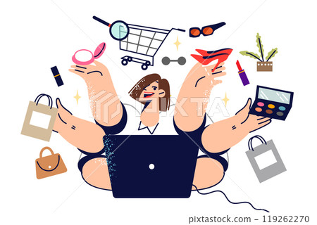 Shopaholic woman shops online and juggles cosmetics and clothes with shopping cart 119262270