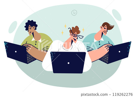 Group business people are using laptops, working on complex program, participating in team hackathon 119262276