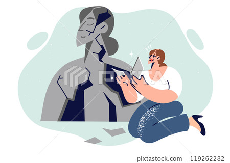 Process of restoring mental health in woman who assembles own portrait from broken pieces 119262282
