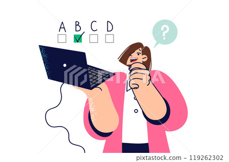 Woman thinks taking online test on laptop and chooses one of options offered by program 119262302