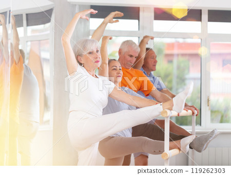 Group of mature female and male ballet dancers learn grand batman position near ballet barre in gym Group of mature female and male ballet dancers learn grand batman position near ballet barre in gym 119262303