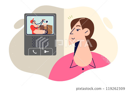 Courier calls video intercom of woman who owns apartment and shows a pass confirming right to access 119262309