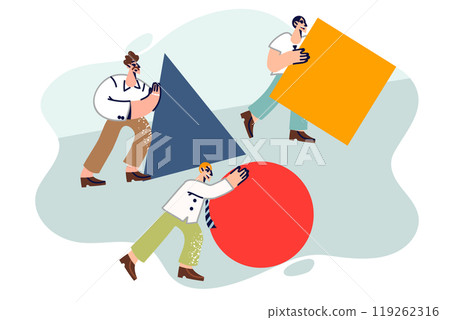 Competing business people roll various figures forward, showing different methods to achieve goal 119262316