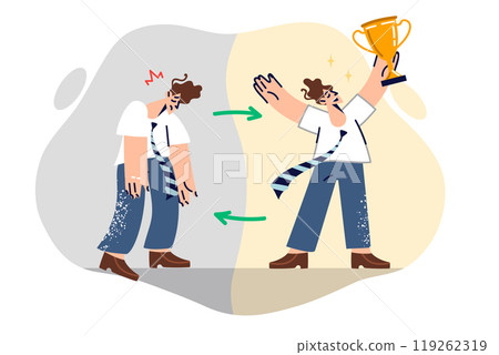 Psychological swings in business man who suddenly turns into winner with cup from loser 119262319