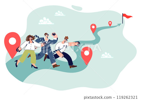 Running business people compete in speed of completing task, and compete towards flag at end of path Running business people compete in speed of completing task, and compete towards flag at end of path 119262321
