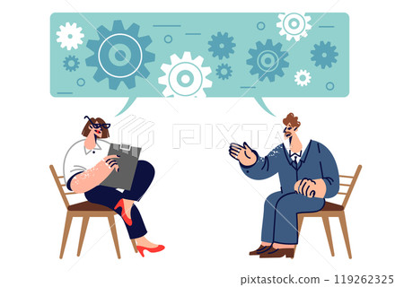 Business man and psychotherapist sit on chairs under dialogue cloud of gears during session 119262325