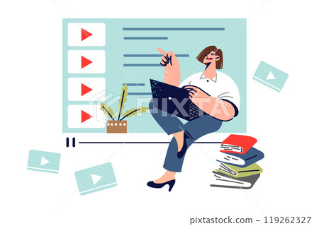 Woman receives online education by watching video lessons on laptop and sitting near books 119262327
