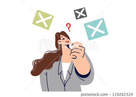 Woman thinking about plans for future or ways self-development, scratching chin and doing planning 119262329