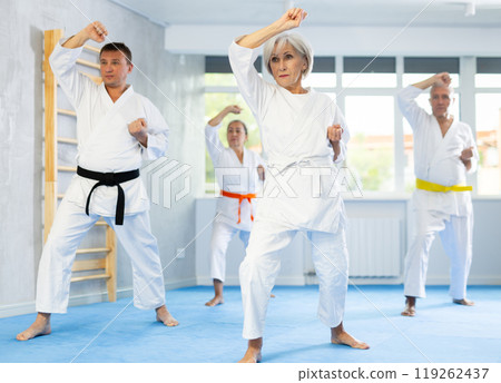 Elderly women and men in kimonos stand in a fighting stance during group karate training session 119262437