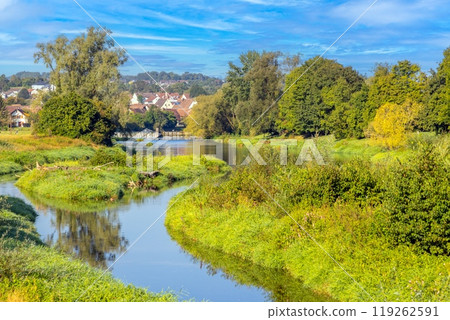 Panoramic picture of the Danube near Sigmaringen surrounded by beautiful nature 119262591