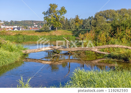 Panoramic picture of the Danube near Sigmaringen surrounded by beautiful nature Panoramic picture of the Danube near Sigmaringen surrounded by beautiful nature 119262593