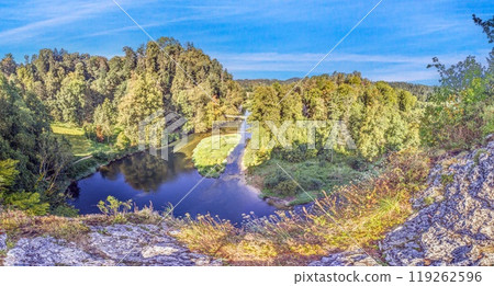 View of the Danube from the Amalienfelsen viewpoint near Sigmaringen during the day 119262596