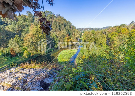 View of the Danube from the Amalienfelsen viewpoint near Sigmaringen during the day 119262598
