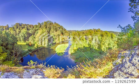View of the Danube from the Amalienfelsen viewpoint near Sigmaringen during the day View of the Danube from the Amalienfelsen viewpoint near Sigmaringen during the day 119262599