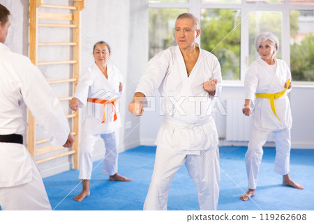 During kata karate training, senior students repeat techniques and defense after professional coach During kata karate training, senior students repeat techniques and defense after professional coach 119262608