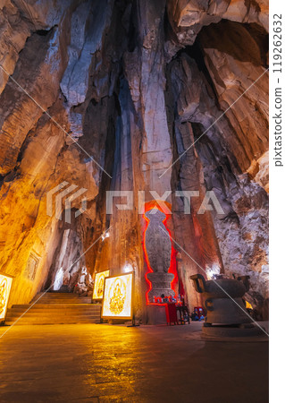 interior of limestone Am Phu cave with a Buddhist temple inside in Marble Mountains in Da Nang in Vietnam in Asia 119262632