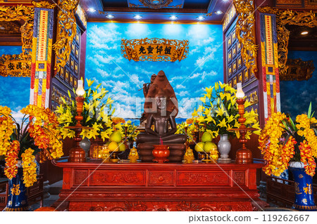 Interior inside the Buddhist temple in Asia in Vietnam in Da Nang at Linh Ung Pagoda 119262667