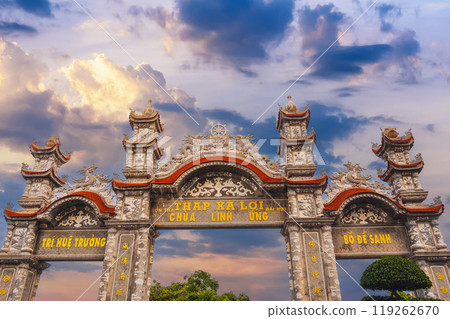 Gate Thap Xa Loi at Linh Ung Pagoda in Da Nang in Vietnam in Asia at sunset 119262670