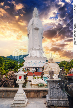 large white statue of Lady Buddha in Da Nang in Vietnam at Linh Ung Pagoda at sunset large white statue of Lady Buddha in Da Nang in Vietnam at Linh Ung Pagoda at sunset 119262705