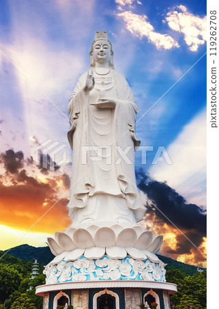 Big white statue of Lady Buddha in Da Nang in Vietnam at Linh Ung Pagoda at sunset 119262708