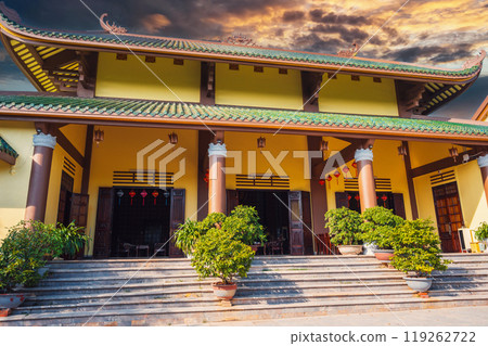 Asian Buddhist temple at Linh Ung Pagoda in Da Nang in Vietnam at sunset in Asia 119262722