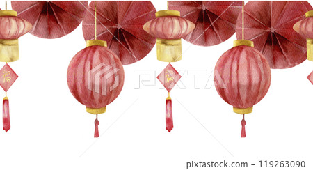 Chinese Spring festival seamless border with red paper lantern, fortune character and wall decorations. Hand drawn asian new year festive banner for poster,invitation, packing design 119263090