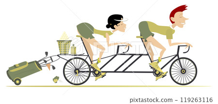 Man and woman on the tandem bicycle on the way to golf course. Cartoon cycling man and woman on the way to the golf course. Isolated on white background Man and woman on the tandem bicycle on the way to golf course. Cartoon cycling man and woman on the way to the golf course. Isolated on white background 119263116