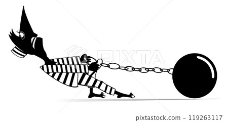 Prisoner with an iron ball chained to his foot. Cartoon prisoner drags an iron ball chained to his foot. Black and white illustration Prisoner with an iron ball chained to his foot. Cartoon prisoner drags an iron ball chained to his foot. Black and white illustration 119263117