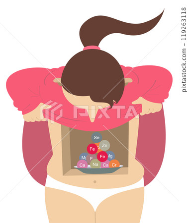 Young woman. Stomach full of vitamin or medicine. Young woman looks inside her stomach full of pills. Health care concept 119263118