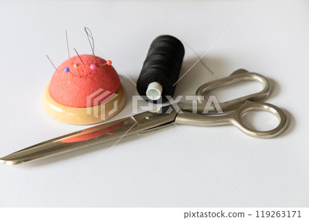 Set of sewing accessories for tailoring. Concept design and repair of clothes. Set of sewing accessories for tailoring. Concept design and repair of clothes. 119263171