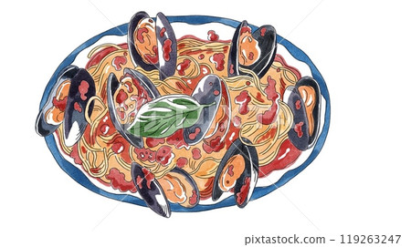 Mussels pasta with tomato sauce 119263247