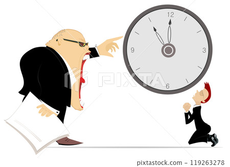 Angry boss and employee man. Time concept. Deadline. Angry chief points to the clock and scolds an employee staying on the knees. Business time concept 119263278