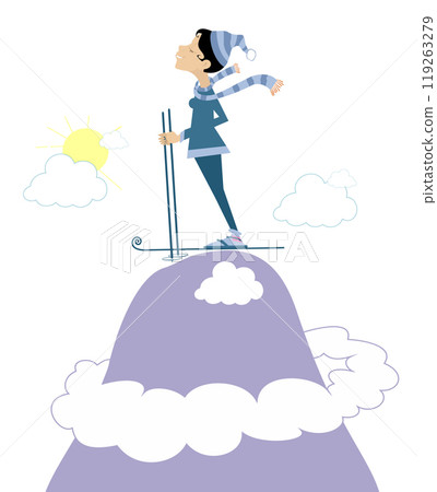 High mountain. Skiing young woman.  Winter sport. Young skier woman standing on the top of the mountain. Isolated on white background 119263279