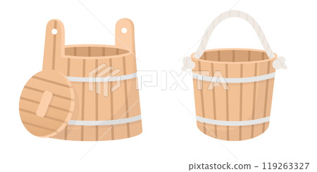 Set of wooden buckets flat style illustration. Sauna, bathhouse, spa object, design element isolated on white. Vector illustration Set of wooden buckets flat style illustration. Sauna, bathhouse, spa object, design element isolated on white. Vector illustration 119263327