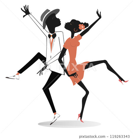 Romantic dancing young African couple.  Funny dancing young African man and woman. Isolated on white background 119263343