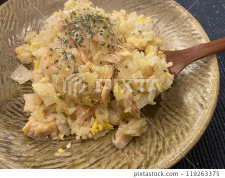 Salmon Fried Rice: Fried rice infused with the delicious flavor of flaked salmon. Salmon Fried Rice: Fried rice infused with the delicious flavor of flaked salmon. 119263375
