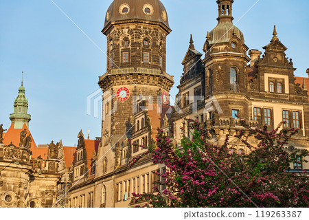 Dresden cathedral and Hausmannsturm tower at sunset. German architecture with historical building 119263387