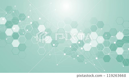 Modern scientific background with hexagons, lines and dots. Wave flow abstract background. Molecular structure for medical, technology, chemistry, science. Vector illustration 119263668