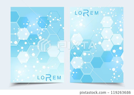 Scientific brochure design template. Vector flyer layout, Molecular structure with connected lines and dots. Scientific pattern atom DNA with elements for magazine, leaflet, cover, poster design 119263686