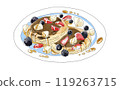 Pancakes topped with strawberries and blueberries and maple syrup 119263715