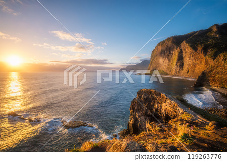 View of Madeira cliffs coastline landscape, Madeira island, Portugal View of Madeira cliffs coastline landscape, Madeira island, Portugal 119263776