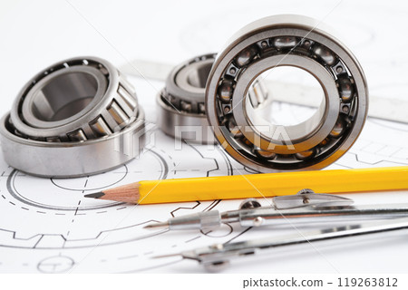 Engineering and precision tools with metal ball bering, mechanical industrial. 119263812