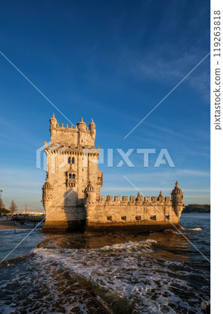 Belem Tower on the bank of the Tagus River on sunset. Lisbon, Portugal Belem Tower on the bank of the Tagus River on sunset. Lisbon, Portugal 119263818
