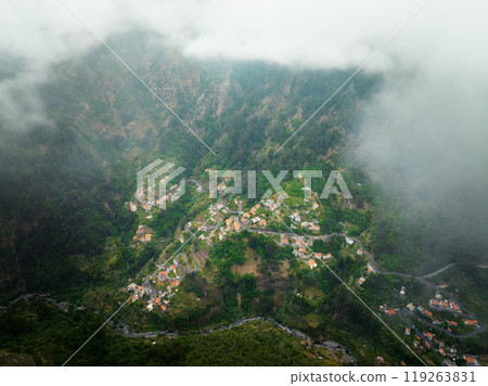 Aerial view of Curral das Freiras village. Miradouro da Eira do Serrado, Madeira, Portugal 119263831