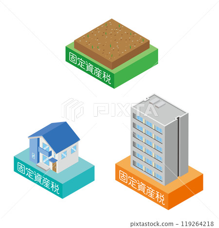 Isometric illustration of fixed asset tax for detached houses and apartment land 119264218