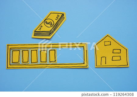 Progress bar with symbols of home and money. Savings for property and mortgage planning. 119264308