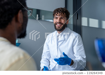 Dentist providing checkup for oral health and preventive care during consultation with patient 119264349