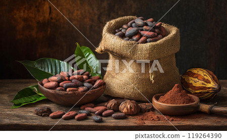 許多可可豆放在一張舊木桌上 119264390