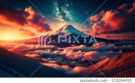 Sea of clouds and Mt. Fuji dyed in the morning sun Lake Sea of clouds and Mt. Fuji dyed in the morning sun Lake 119264452